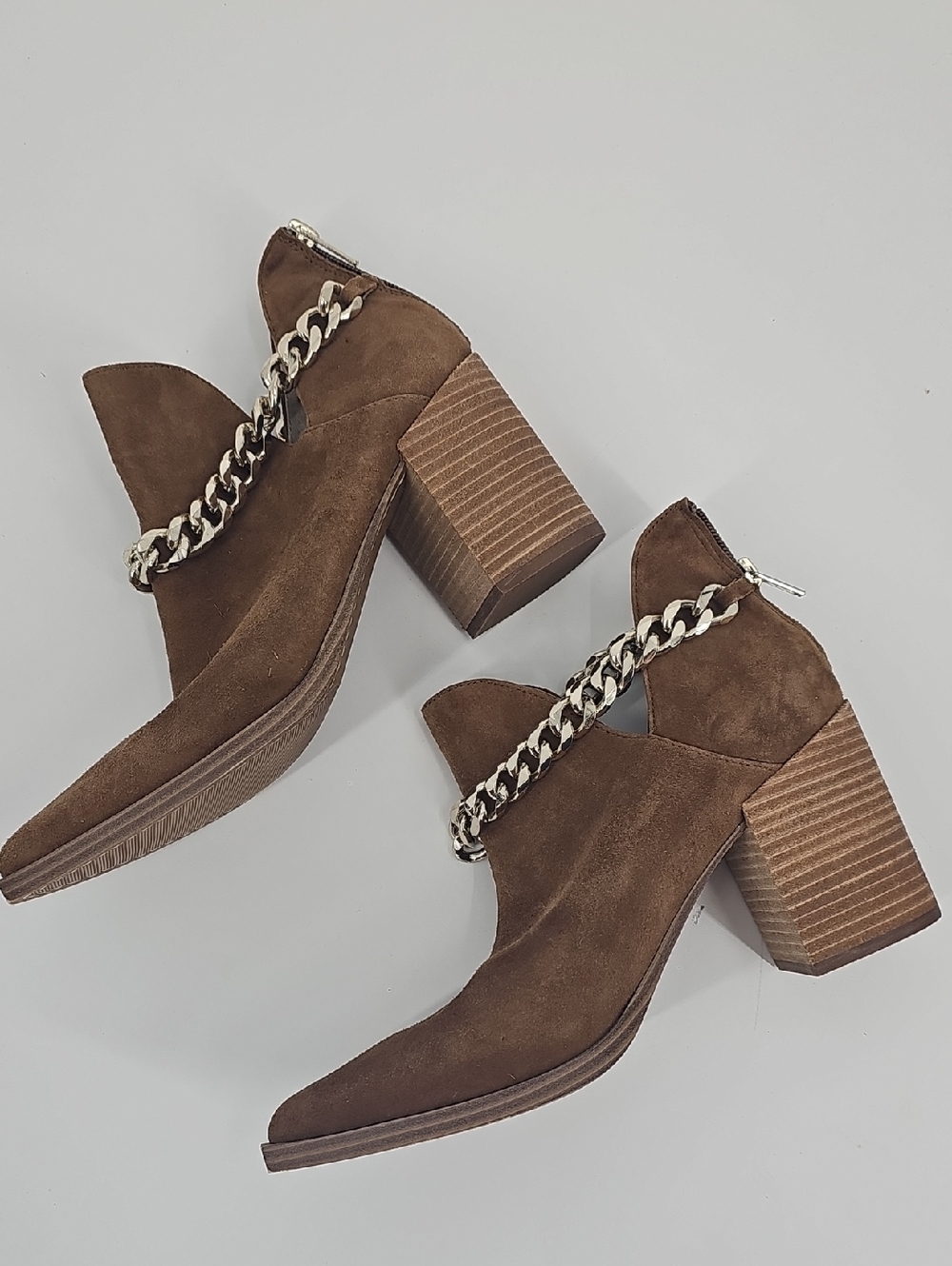 Steve Madden Brown Suede Block Heel Ankle Boots with Chain